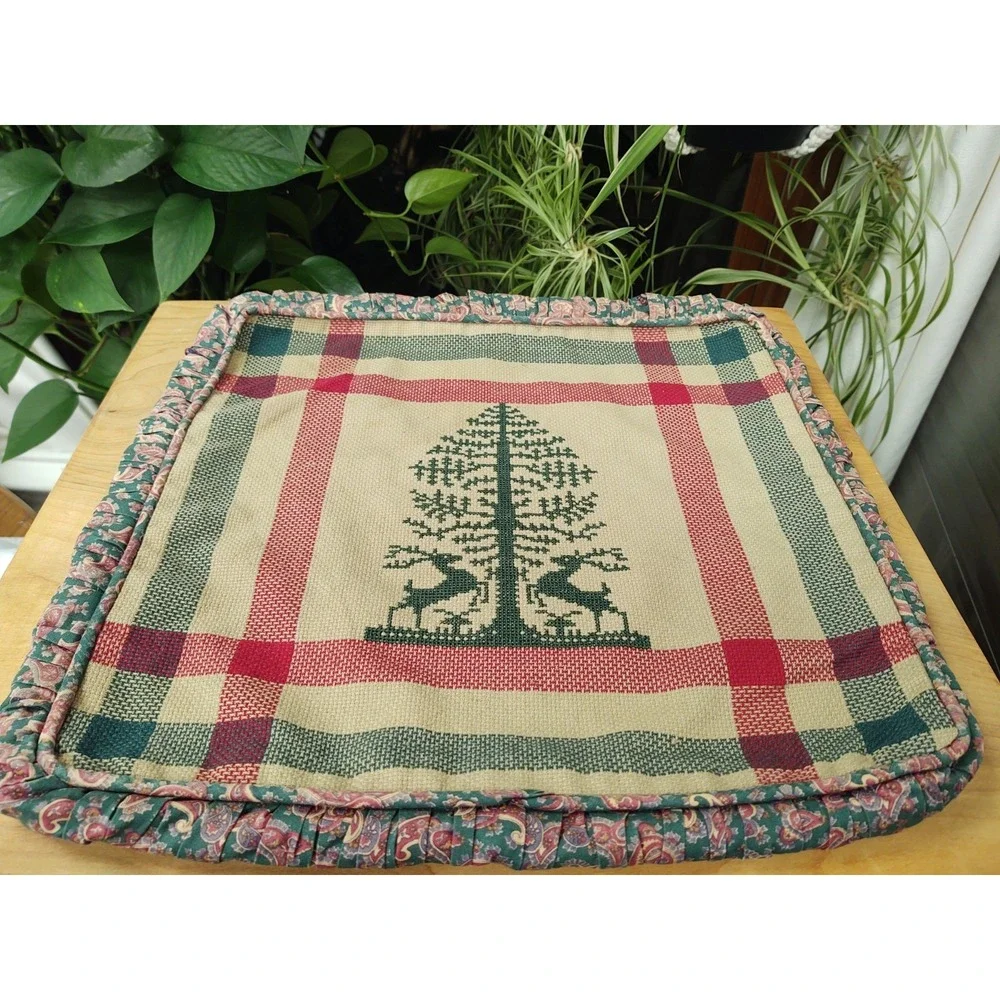 Completed Cross Stitch Tree Deer Ruched Sides Hidden Zipper Piping Pillow 15X15